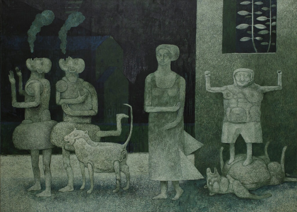 W grupie - Andrzej Tobis - czerno-zielony obraz z grupą postaci i psem