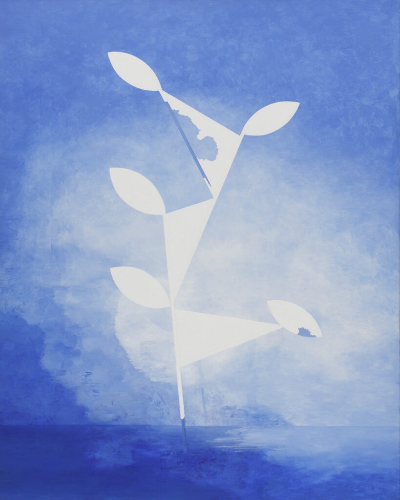Las w geometrii - Andrzej Tobis - niebieski obraz z biały elementem roslinnym