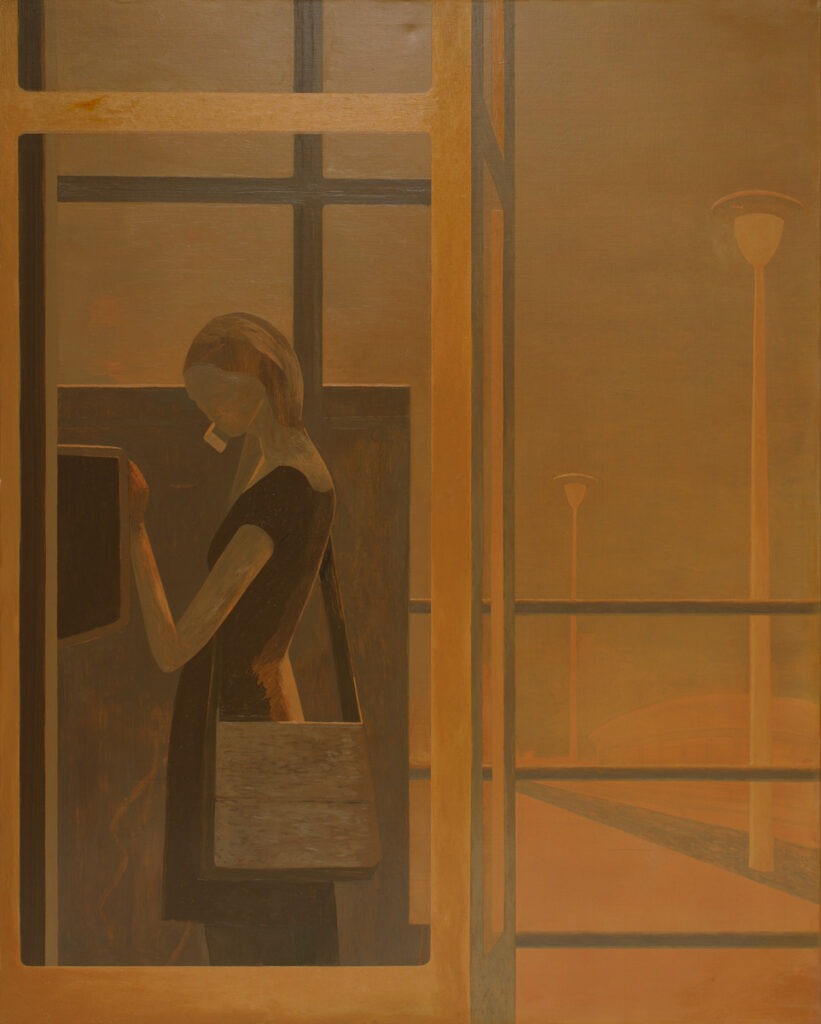 Telefon - Andrzej Tobis - pomarańćzowy obraz z kobietą w budce telefonicznej