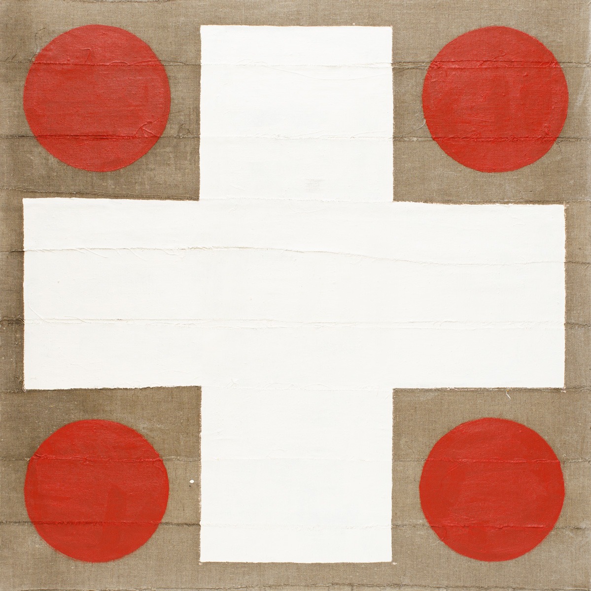 Du cote de chez Malevich - Andrzej Folfas - geometryczna abstrakcja z czerwienią i bielą na surowym płótnie