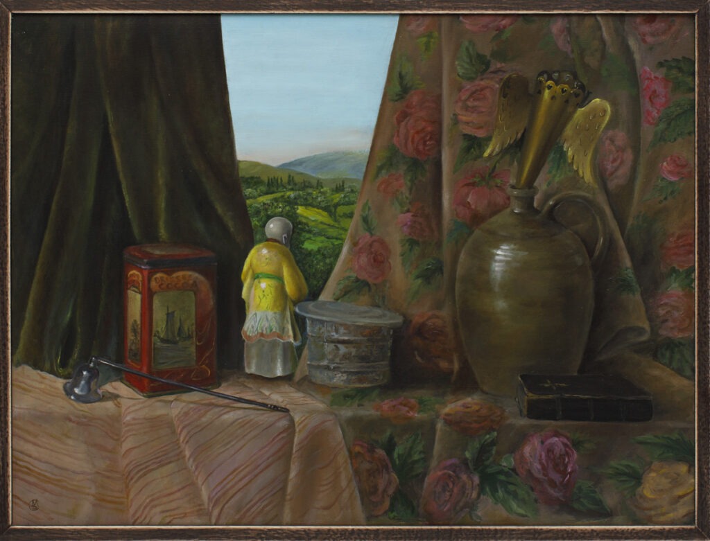 Martwa natura z pielgrzymem - Maria Sadowska - wnętrze z przedmiotami i widok z okna na krajobraz