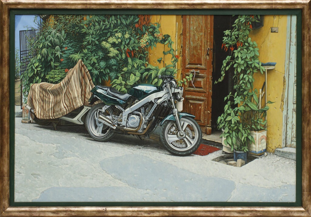 kreta - chania - uliczka z dwoma motocyklami - hiperrealizm, motocykl, uliczka