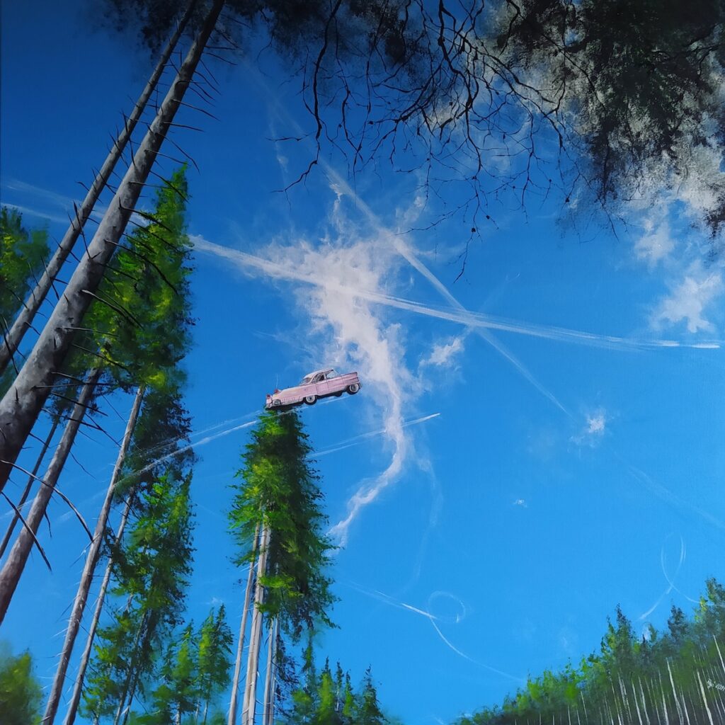 Beata Mura - obraz przedstawiający samolot lecący nad lasem