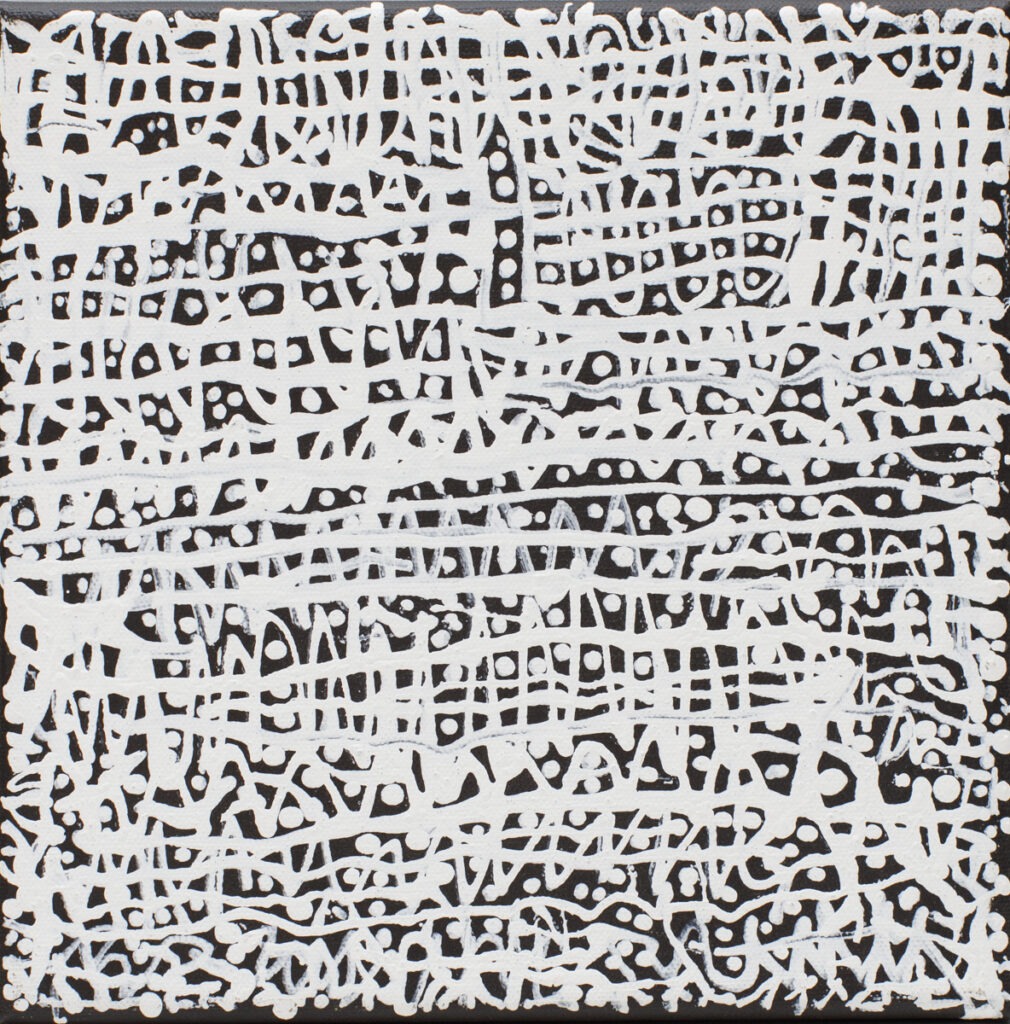 Michał Paryżski - Bez tytułu - obraz abstrakcyjny, białe linie na czarnym płótnie