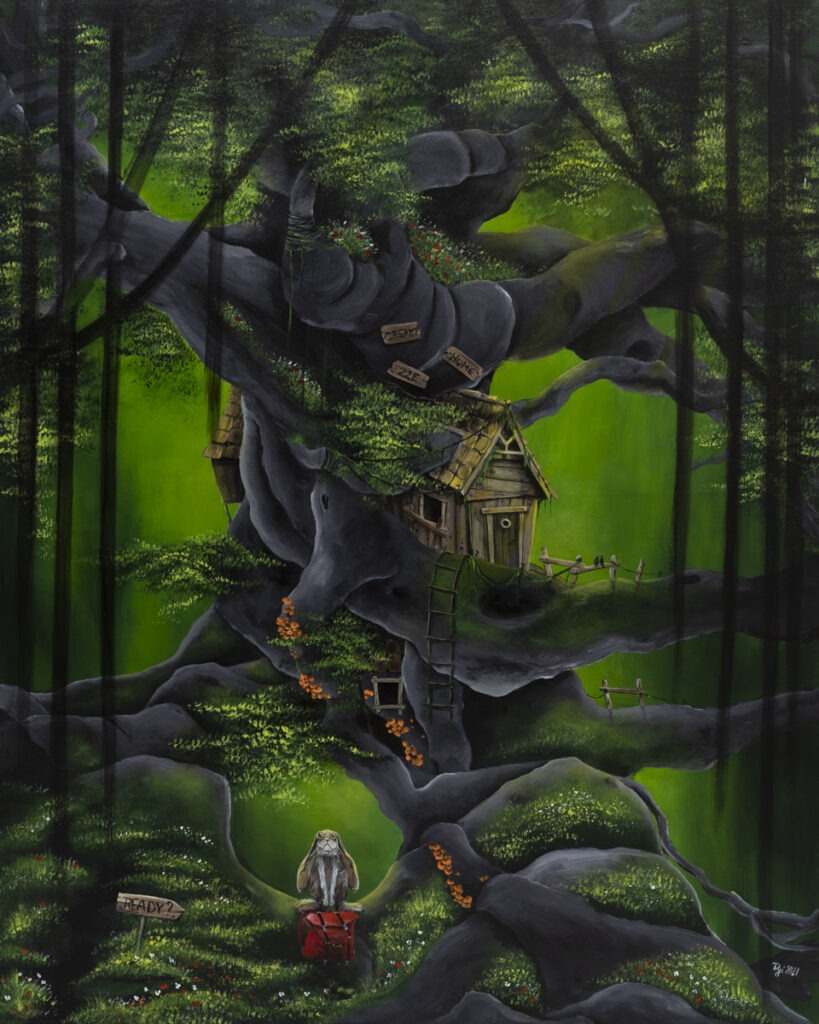 Podróż życia (2021) - Beata Mura - domek w lesie i postać zająca z walizką