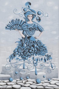 duch kobiety z wachlarzem - Anna pokos - surrealistyczny obraz, kobieta w błękitnej sukni z wachlarzem w prawej dłoni, lewituje nad przepaścią