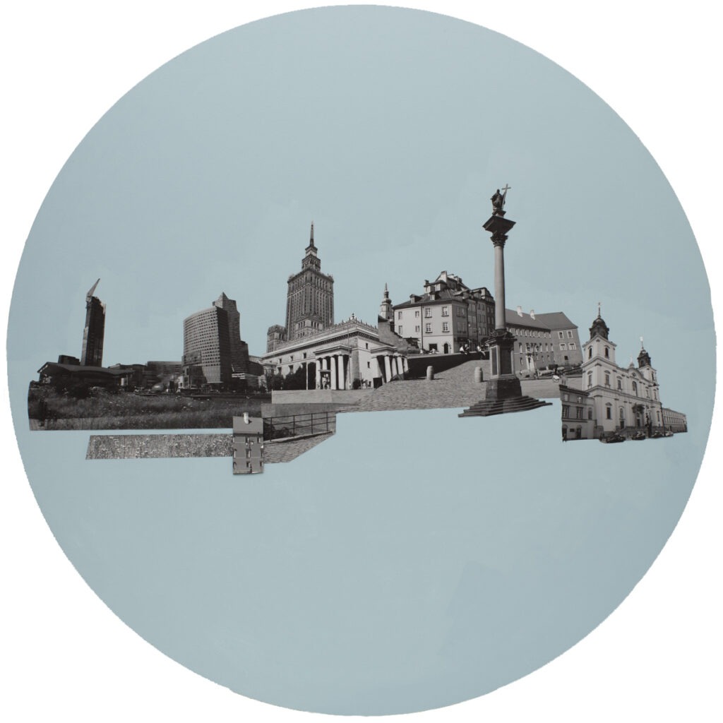 warszawa - Dominika Sergiej - okrągły blejtram, kolaż ze zdjęć warszawskich zabytków, zielono-niebieskie tło