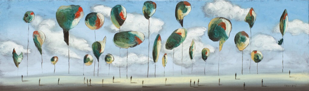 daleko od domu - filip Łoziński - realizm magiczny, na ziemi drobne postacie ludzkie, nad nimi unoszą się balony