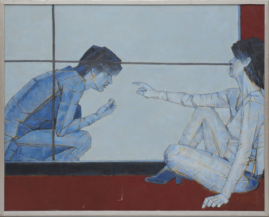 na temat kobiety xxxiv - Kazimierz drejas - siedząca kobieta wskazuje na kucającego zamyślonego mężczyznę, błękit, czerwień