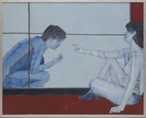 na temat kobiety xxxiv - Kazimierz drejas - siedząca kobieta wskazuje na kucającego zamyślonego mężczyznę, błękit, czerwień