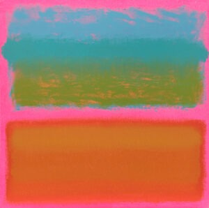Flare (2021) - Jonasz Koperkiewicz - kolorowa abstrakcja z zielenią, różem i pomarańczem