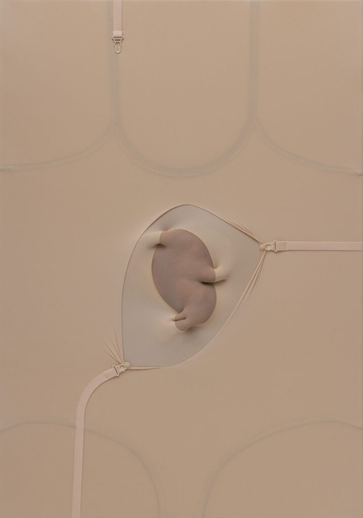 niewygodnie - Małgorzata Kalinowska - abstrakcja, materiał nylon, tkanina, paski, ramiączka, wyraźna faktura obrazu, relief