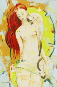 nox - Elżbieta boukourbane - kobiecy akt, młoda, o długich czerwonych włosach dziewczyna z kotem na ramieniu, abstrakcyjne tło