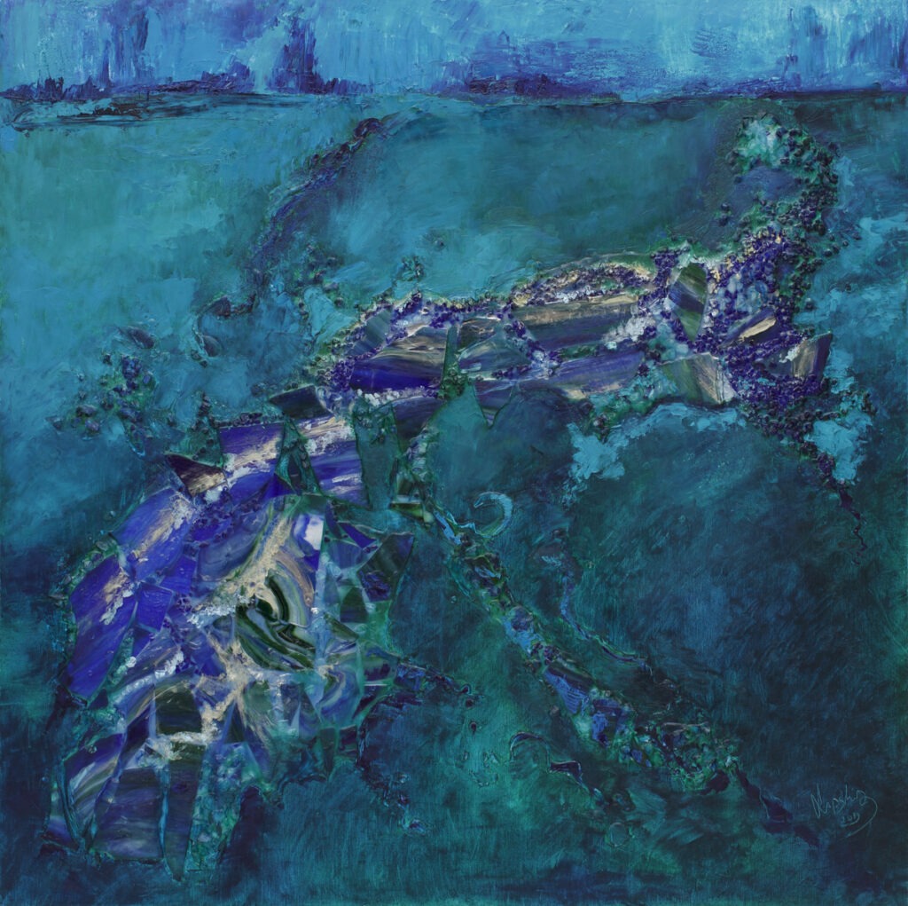 rzeka bytu - głębia istnienia - Katarzyna lipska-ziębińska - abstrakcja, wyraźna faktura, relief, błękit, niebieski