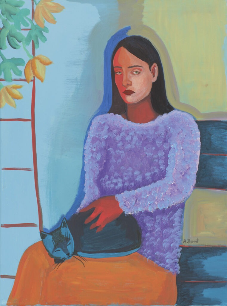 on the terrace - agata burnat - kobieta siedząca ze śpiącym kotem na nogach