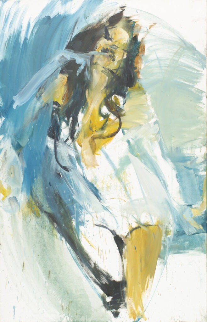 blue wind - Aleksandra Hajdas-Rutkowska - rozmyta postać kobiety, abstrakcyjne tło, błękitny, żółty, biały