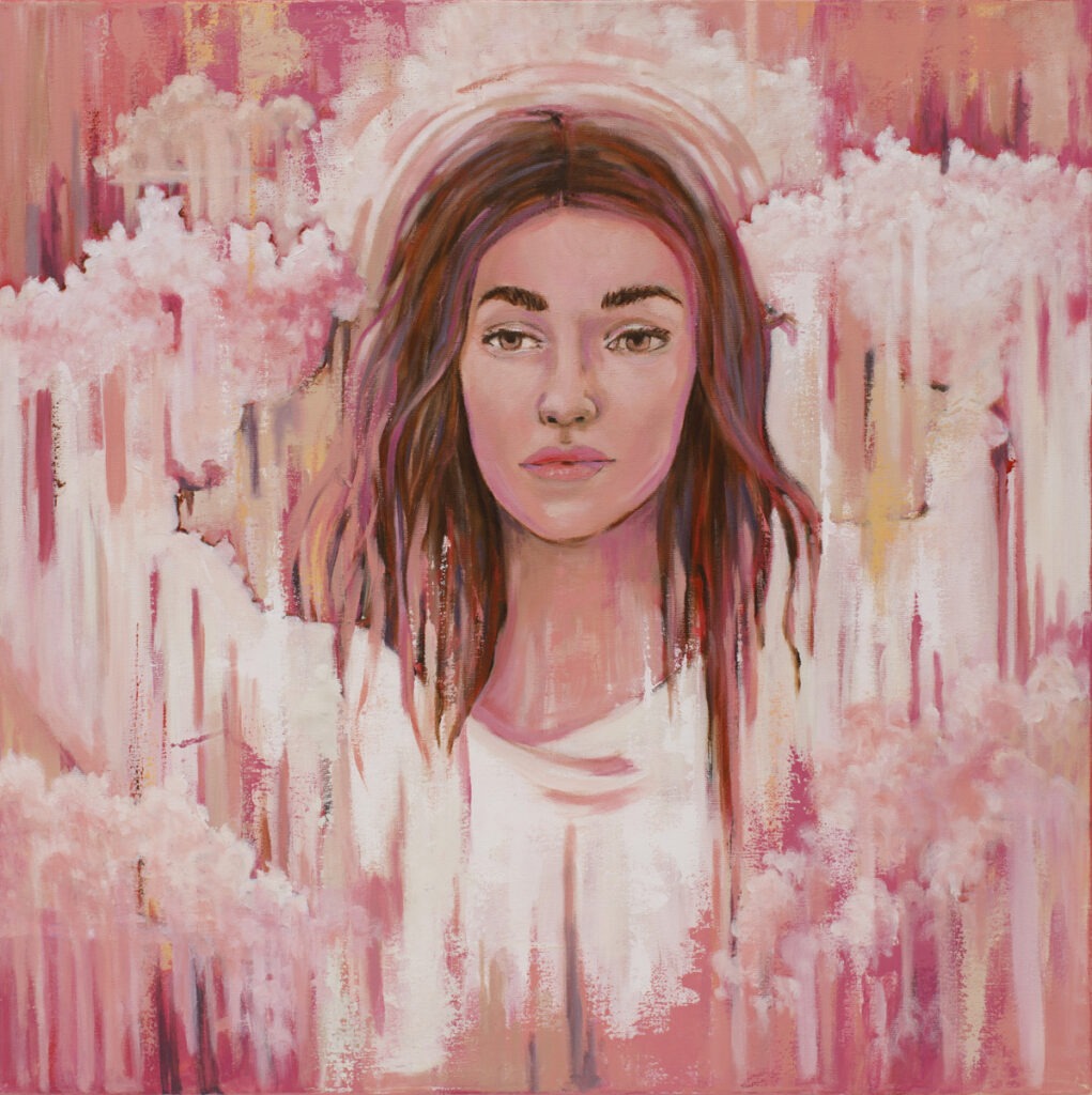 nowy dzień - paulina Lewandowska - portret kobiety, w tle różowa abstrakcja
