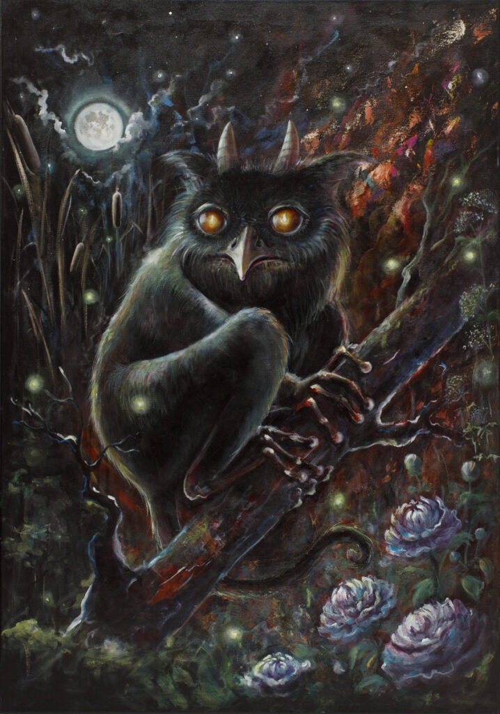 licho - Agata płocica - personifikacja słowiańskiego ducha, Licho, siedząca na gałęzi pośród drzew i krzaków postać łącząca w sobie cechy sowy, kozła, myszy i żaby drzewnej, w tle księżyc w pełni