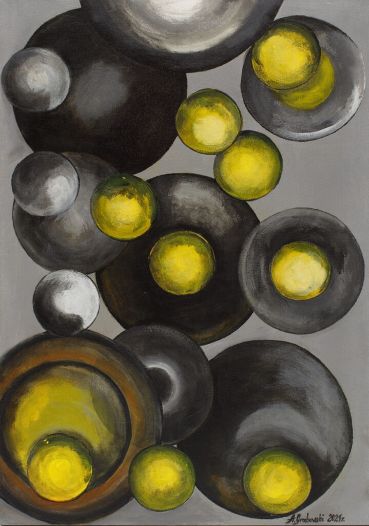 kule - Andrzej grabowski - abstrakcja, czarno-szaro-żółte koła