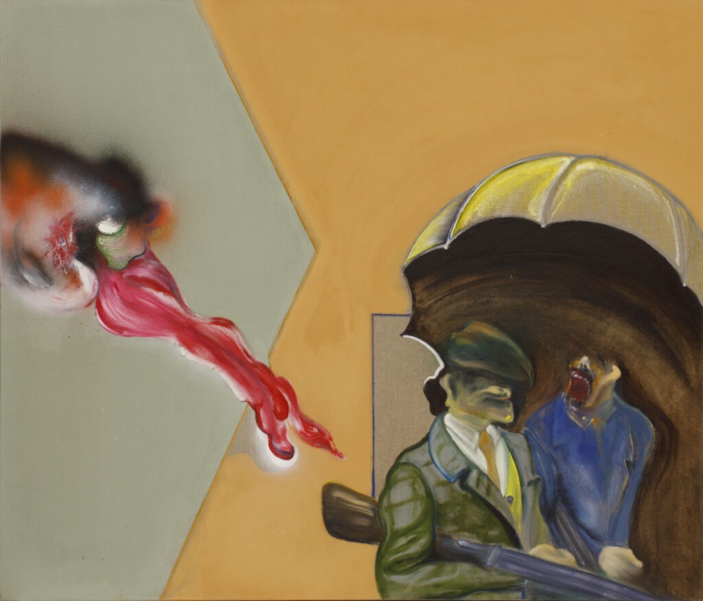 klasa wyższa - Marcin lipiec - w prym dolnym rogu dwie postacie z parasolką i bronią długą, z lewej strony czerwona kompozycja