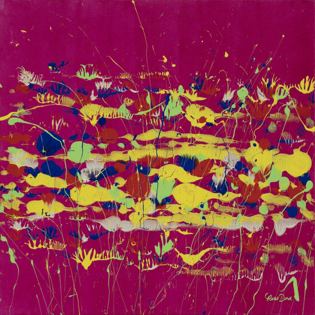 flowers in bloom - Marta dunal - abstrakcja, różowe tło, kompozycja w centrum obrazu, dominuje żółty i róż, gdzieniegdzie zielony i niebieski