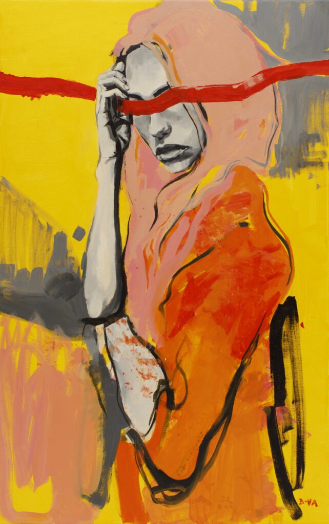 wolność - anna wiegebińska-bączek - kobieta, pomarańczowy, żółty, różowy. Oczy przesłania długa, nierówna czerwona linia