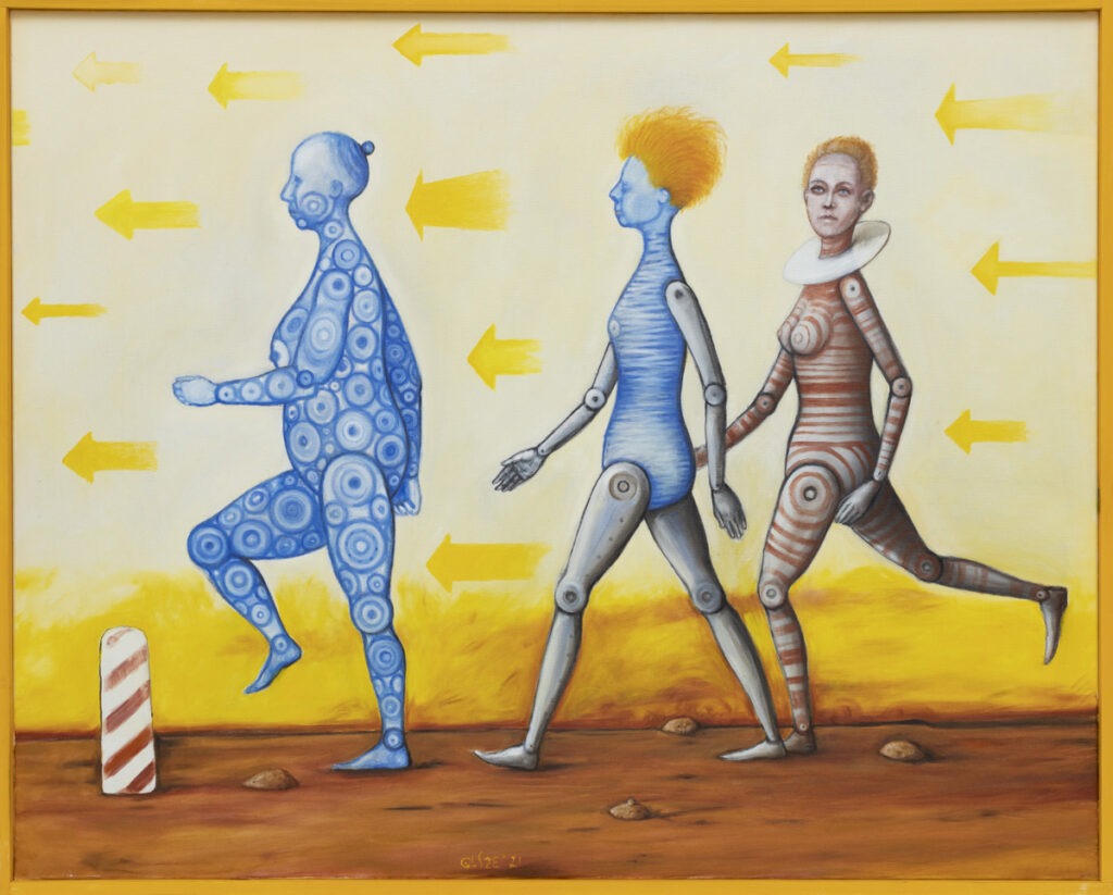 tattoos - Zbigniew olszewski - realizm magiczny, 3 kobiece postacie idące w lewą stronę w tle żółte strzałki ukierunkowane w jedną stronę