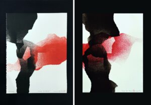 z cyklu funky - Leonard pędziałek - grafika, dyptyk, abstrakcja, na jasnym tle czarne i czerwone kompozycje. czarny passe-partout