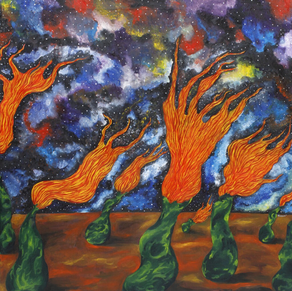 bezkres - Marcin Pińkowski - pejzaż, zielony, pomarańczowy, gwieździste niebo o kolorowych chmurach