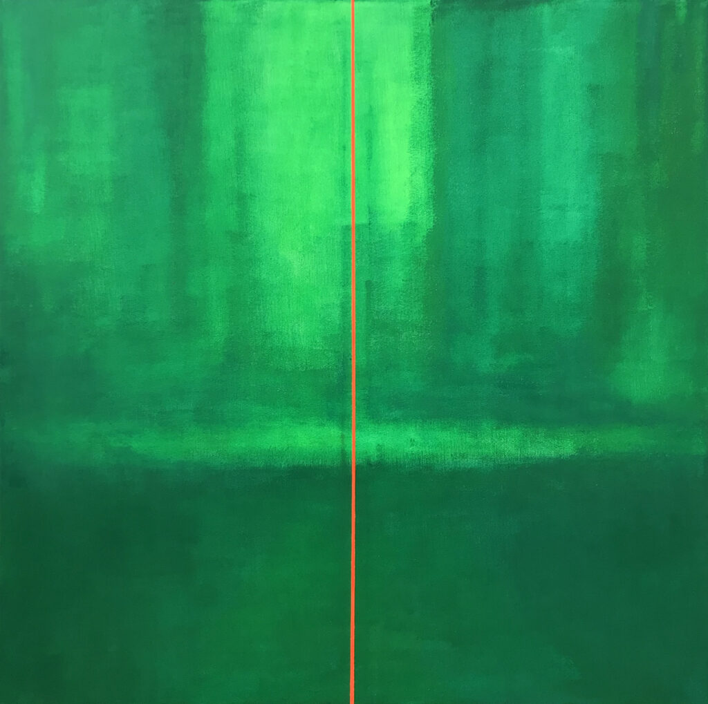 magia lasu #1 - Katarzyna Stankiewicz - zielona abstrakcja z pionową pomarańczową linią na środku
