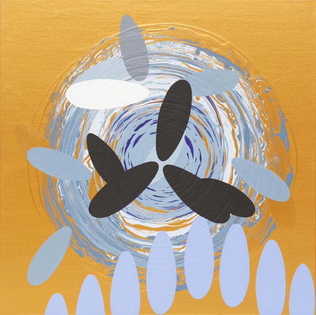 skutki uboczne spaceru nr 4 - marek Ejsmond-ślusarczyk - abstrakcja, wyraźna faktura obrazu, żółto-pomarańczowe tło, czarno-biało-błękitna kompozycja