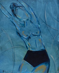 Baletnica z cyklu Samotność, 2021 - Sofia Wróblewska - kobieta w koku na niebieskim tle, akt