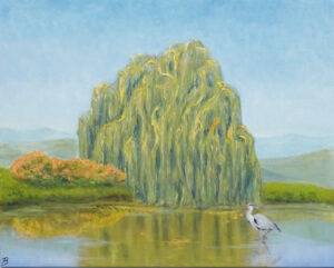pejzaż z wierzbą - Agnieszka Bykowska - pejzaż, wierzba nad jeziorem/stawem, w prawym dolnym rogu żuraw, błękitne niebo, w tle niskie góry