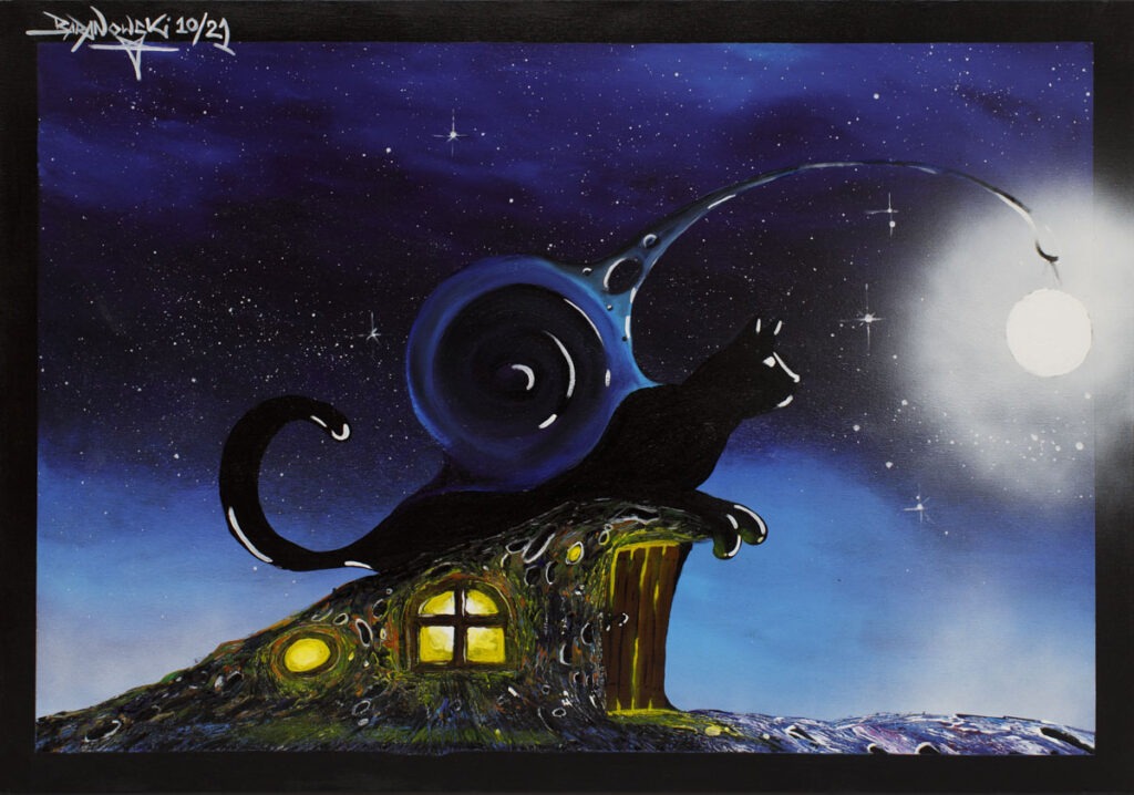 księżycowy koci kemping - Bartłomiej baranowski - realizm magiczny, kot leżący na ziemiance, gwieździste niebo w tle