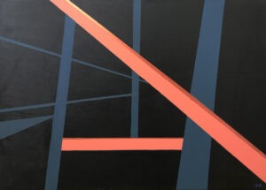 hotline bling - Dominika augustynek - abstrakcja, czarne tło, szaro-granatowe linie, dwie pomarańczowe linie