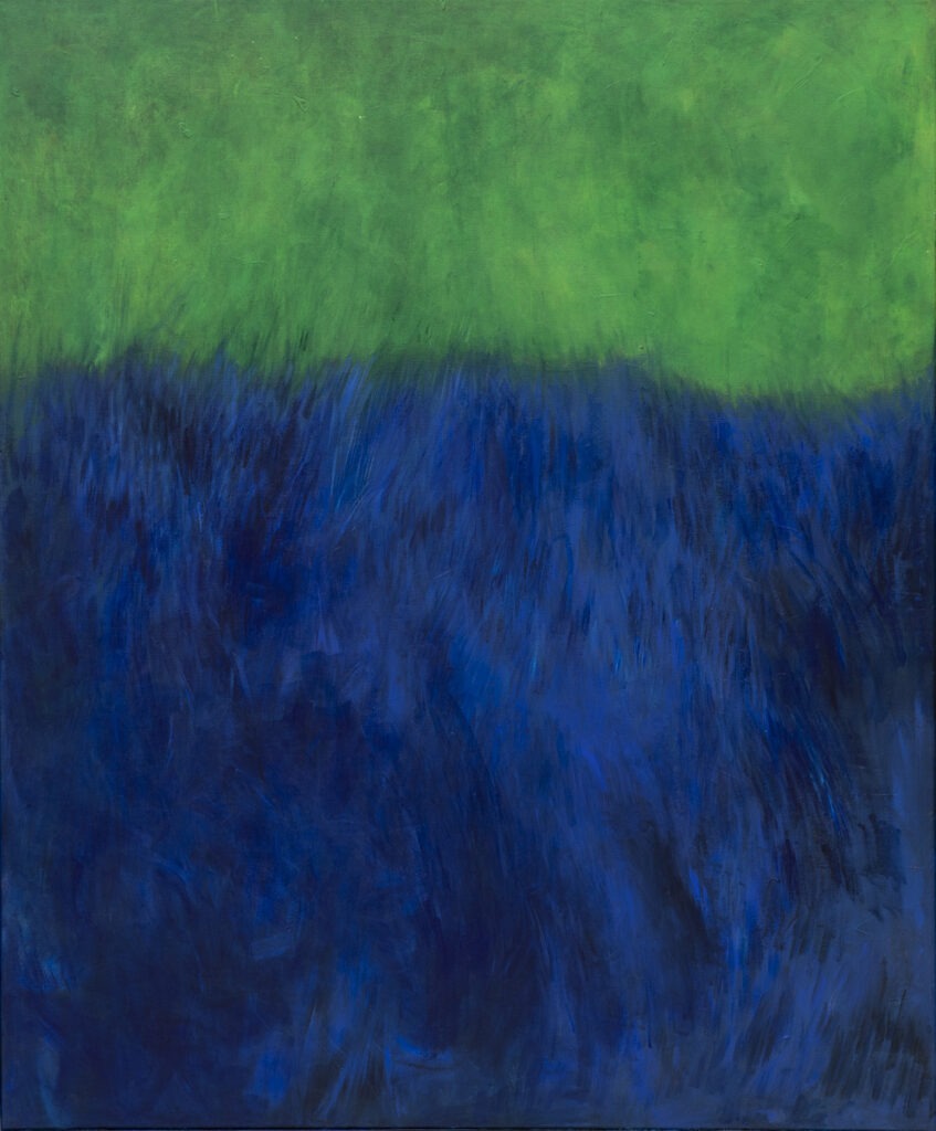 pejzaż - iza Jaśniewska - zielono-niebieski obraz, dominujący niebieski, do 2/3 objętości obrazu