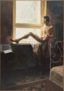 list - maciej kempiński - męski akt, młodzieniec stojący przy oknie z jedną nogą opartą o parapet, światło, list, łóżko