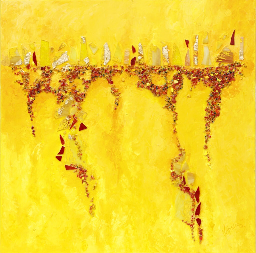 ogień pustyni - namiętność duszy - Katarzyna lipska-ziębińska - abstrakcja, elementy pomarańczowego i białego szkła przymocowane do żółtego płótna, wyraźna faktura