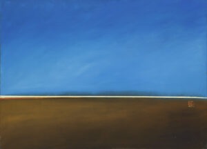 niebieski - Małgorzata bundzewicz - abstrakcja, pejzaż, u dołu brązowy, u góry niebieski, w 2/3 pozioma żółta linia oddzielająca barwy