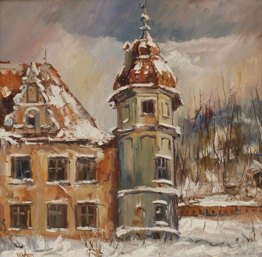 zima - Stanisław Skrzypiński - pejzaż, fragment ośnieżonego dworku z wieżą, w tle las bez liści