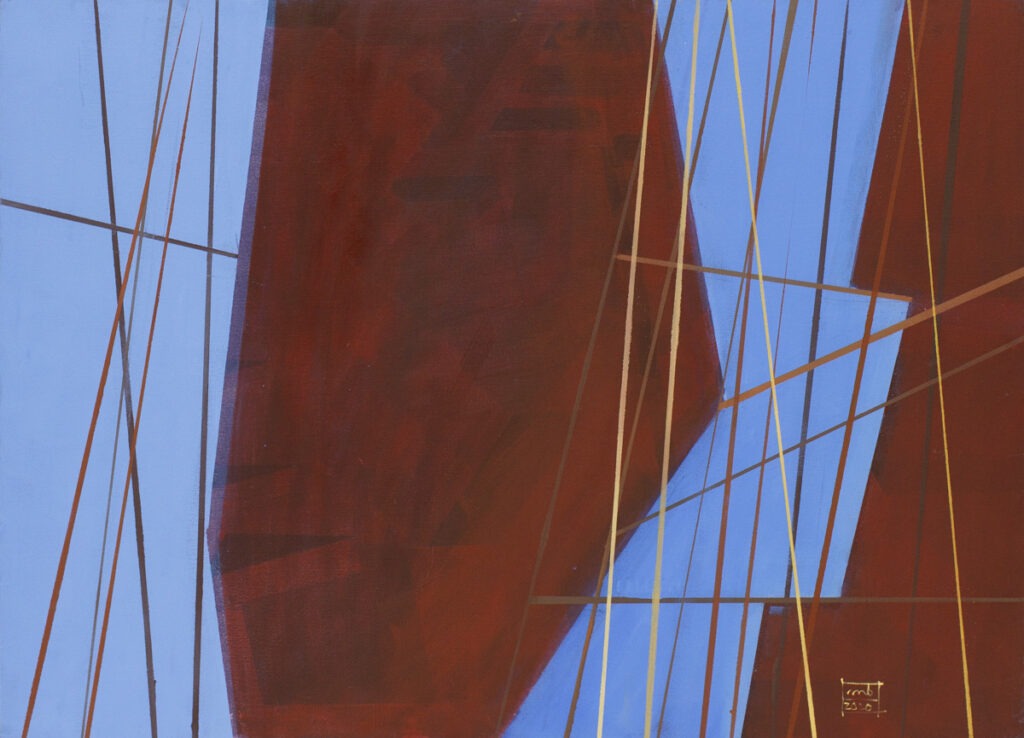 wieża babel 4 - Małgorzata bundzewicz - bordowo błękitna abstrakcja, kompozycja poprzecinana liniami w różnych kierunkach