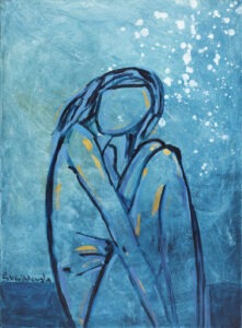 bez tytułu z cyklu samotność - Sofia wróblewska - akt, błękit, kobieca postać siedzi z podkulonymi nogami i pochyloną głową, obrysowane kontury ciała, tło błękitne, abstrakcyjne