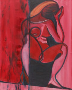 saudade - Hanna Zwierzchowska - akt, kobieta kucająca na krawędzi, żabia perspektywa, czerwony, zarysowane kontury postaci