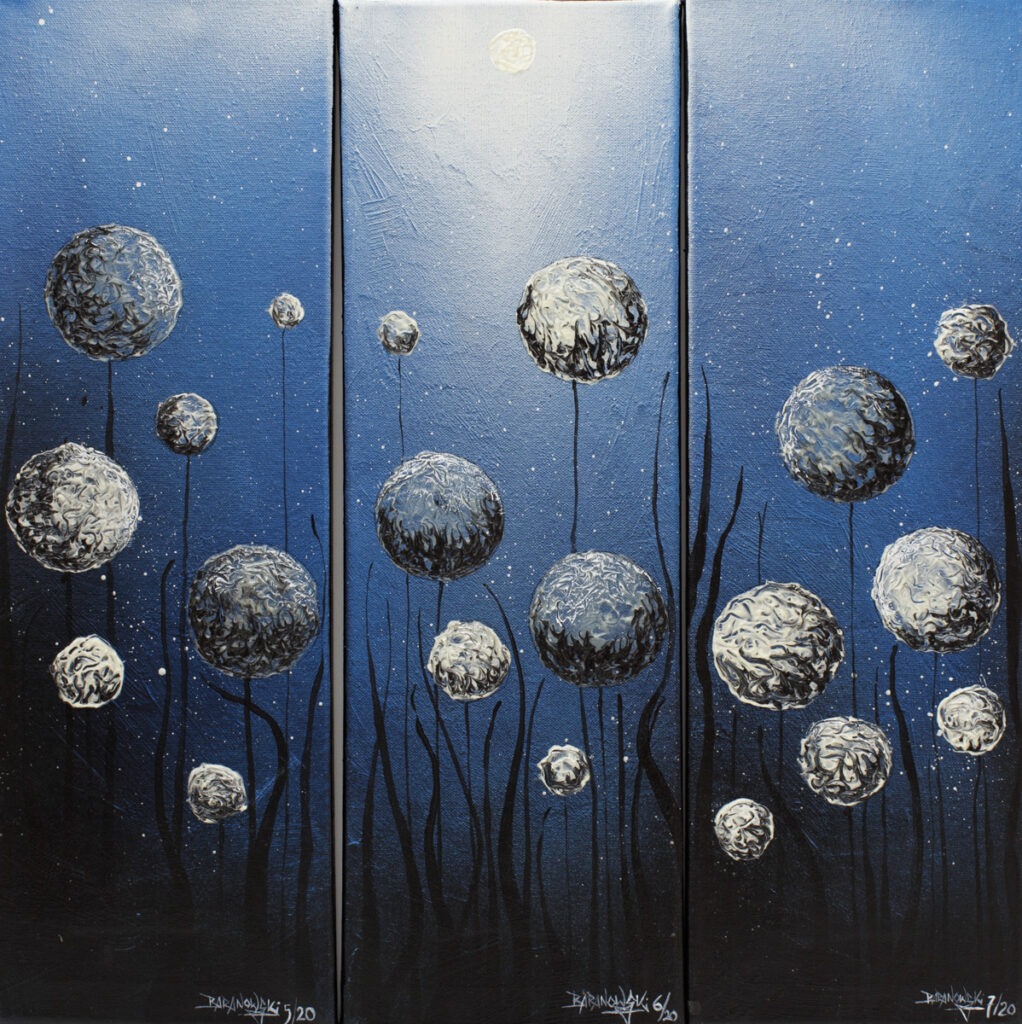 w trawie (tryptyk) - Bartłomiej baranowski - pejzaż, realizm magiczny, nocne niebo, gwiazdy, dmuchawce, trawa, księżyc