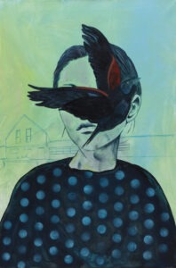 Kiedyś (2020)- Artur Bartkiewicz - portret kobiety na zielonym tle z lecącym ptakiem