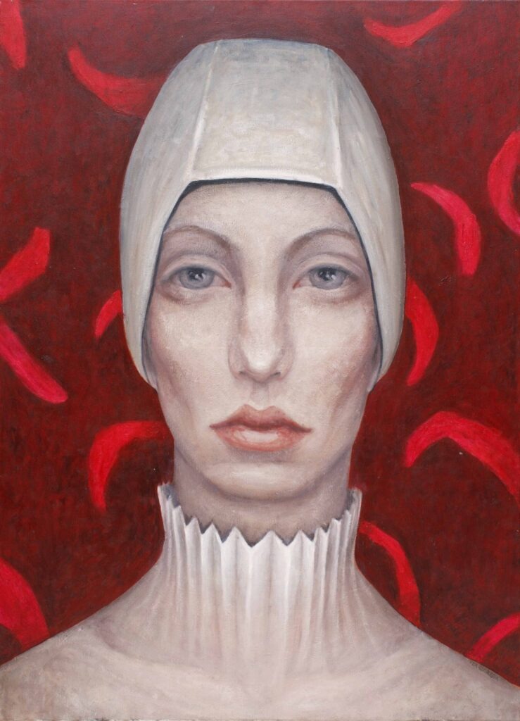 z cyklu kobiety w chustach - Iza staręga - portret kobiety, koptyjskie oczy, czerwone tło