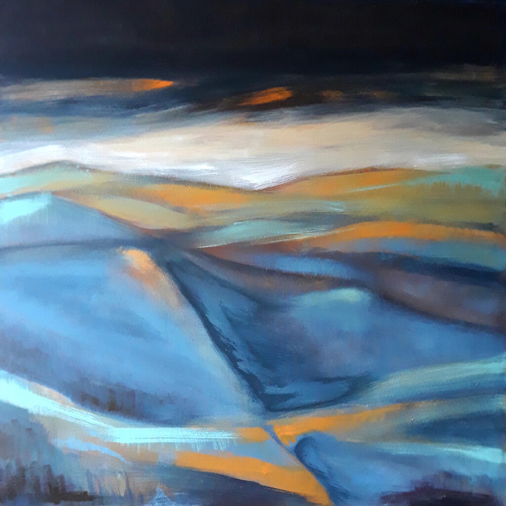 połoniny - Andrzej Wirpszo - pejzaż, góry, zamglone, chmury, dominuje kolor niebieski