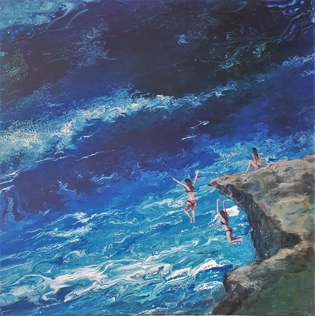 summertime - Patrycja kruszyńska-mikulska - pejzaż, scena rodzajowa, 3 kobiety skaczące ze skał do wody
