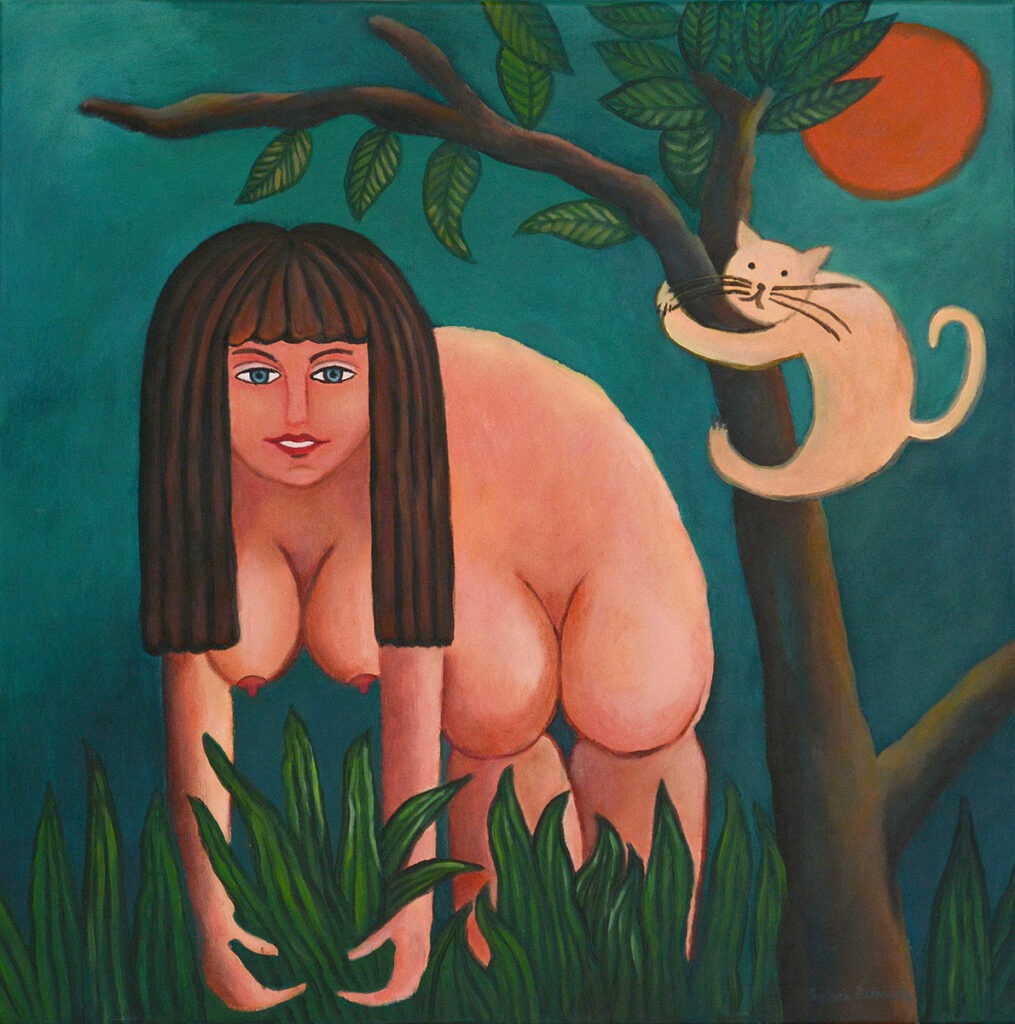 autoportret z kotem - Sylwia Dwornicka - akt, kobieta pracująca w ogrodzie, na drzewie kot