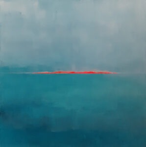 królestwo laguny - Katarzyna Stankiewicz - abstrakcja, pejzaż, nieregularny pomarańczowy pasek w poprzek, po środku obrazu